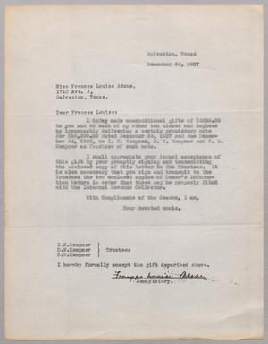 [Letter from R. Lee Kempner to Frances Louise Adoue, December 24, 1937]