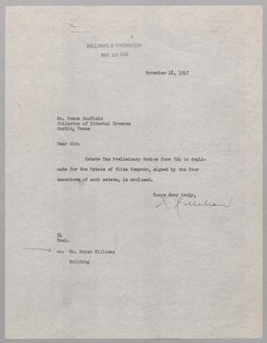 [Letter from Ray I. Mehan to Frank Scofield, November 18, 1947]