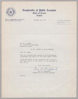 [Letter from Geo. H. Sheppard to R. I. Mehan, November 19, 1947]
