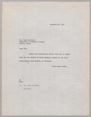 [Letter from Ray I. Mehan to Frank Scofield, November 18, 1947]