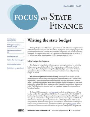 Primary view of object titled 'Focus on State Finance, Number 87-1, March 2-21'.