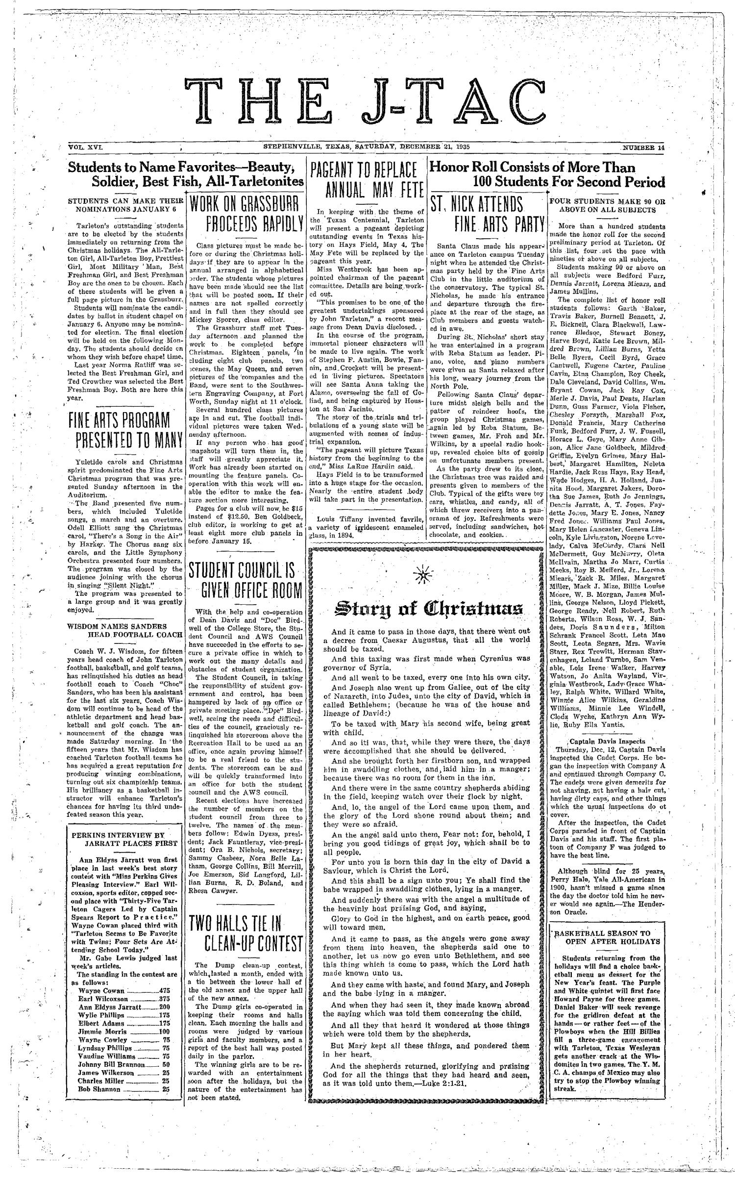 The J-TAC (Stephenville, Tex.), Vol. 16, No. 14, Ed. 1 Saturday, December 21, 1935
                                                
                                                    [Sequence #]: 1 of 6
                                                