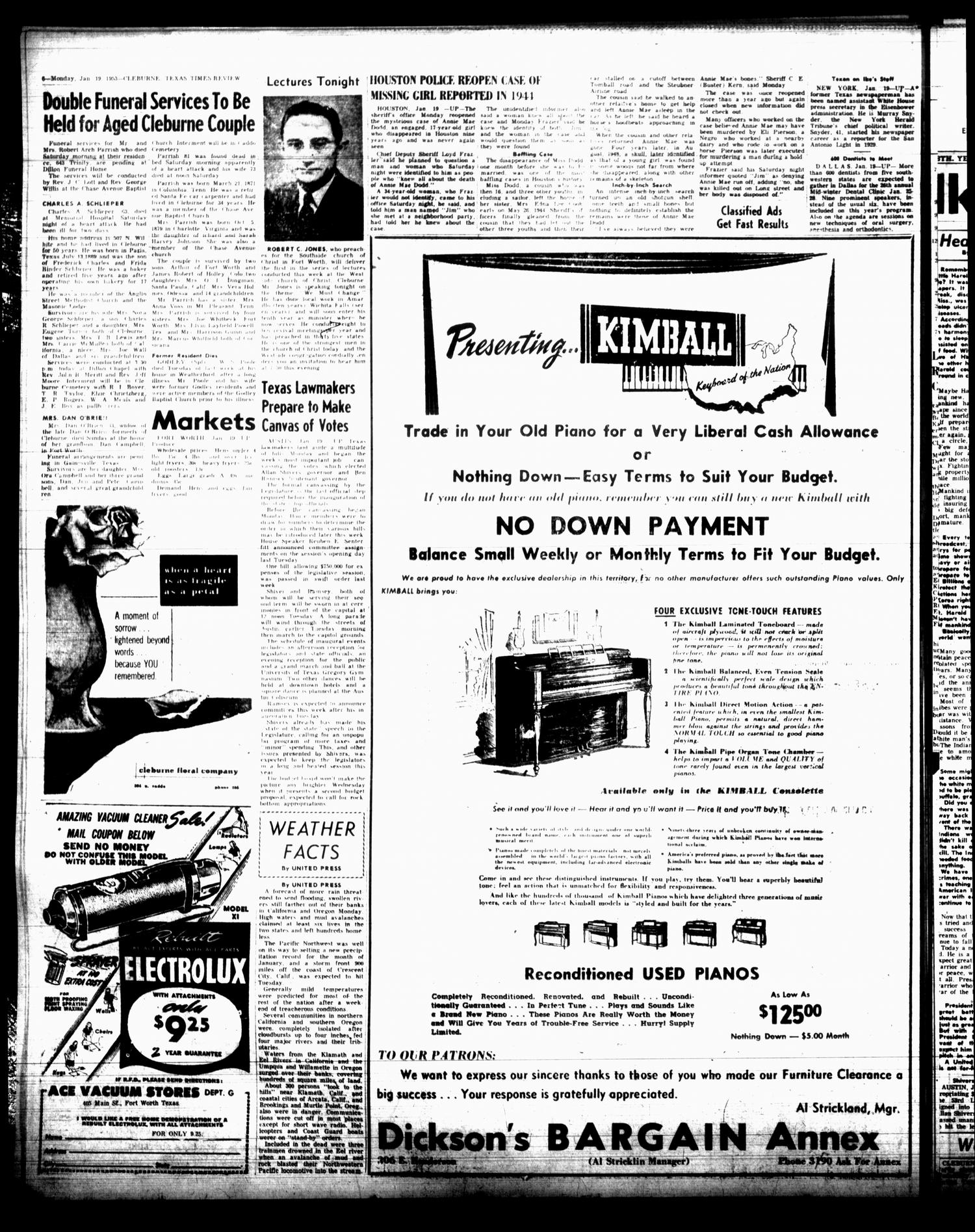 Cleburne Times-Review (Cleburne, Tex.), Vol. [48], No. 57, Ed. 1 Monday, January 19, 1953
                                                
                                                    [Sequence #]: 6 of 6
                                                