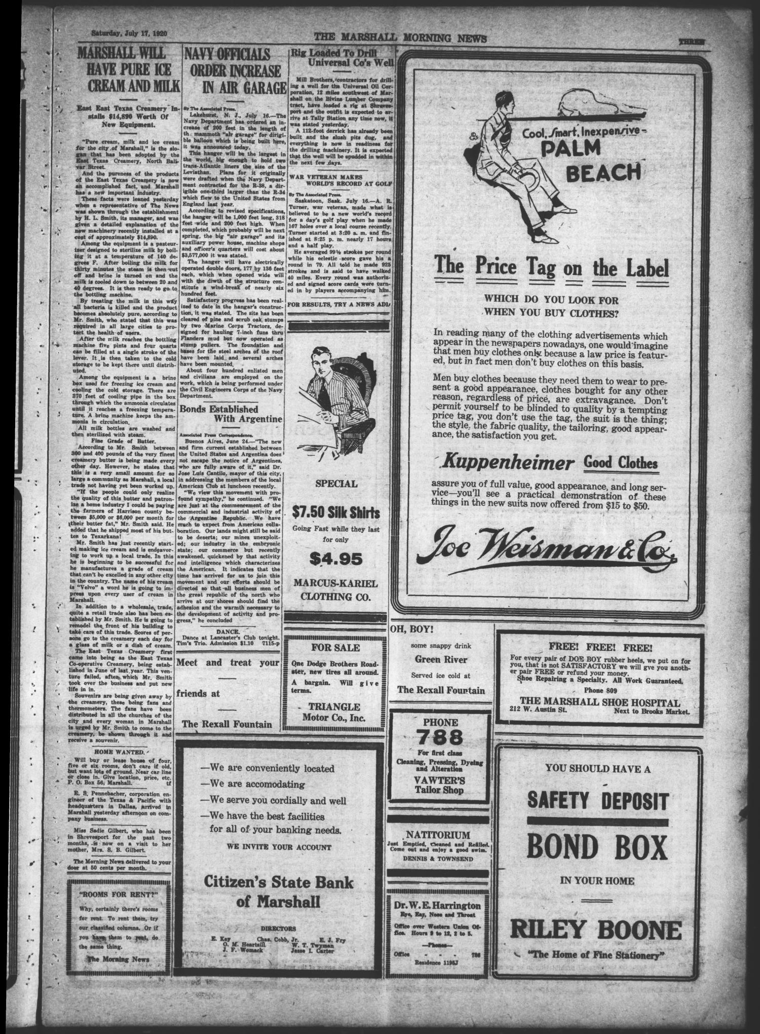 The Marshall Morning News (Marshall, Tex.), Vol. 1, No. 265, Ed. 1 Saturday, July 17, 1920
                                                
                                                    [Sequence #]: 3 of 8
                                                