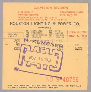 [Houston Lighting & Power Co. Monthly Statement: November 1952]