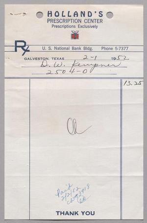 [Invoice for Balance Due to Holland's Prescription Center, February 1952]