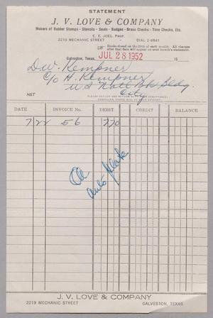 [Invoice for J. V. Love & Company, July 28, 1952]