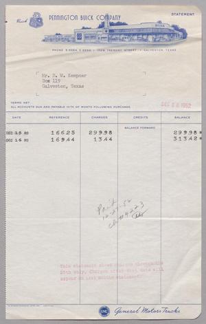 [Invoice for Balance Due to Pennington Buick Company, December 1952]
