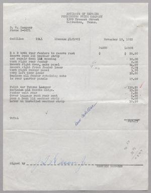 [Invoice for Multiple Repairs in Cadillac Car, November 19, 1952]