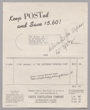 [Invoice for Subscription to the Saturday Evening Post, March 1952]