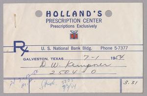 [Receipt for Check Sent to Holland's Prescription Center, July 1954]