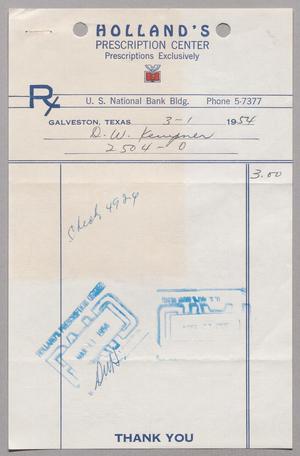 [Invoice for Balance Due to Holland's Prescription Center, March 1954]