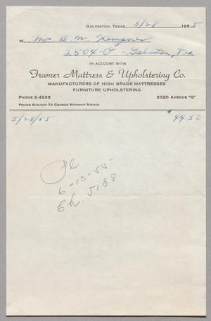 [Invoice for Balance Due to Framer Mattress & Upholstering Co., May 1955]
