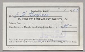 [Invoice for Annual Dues: Hebrew Benevolent Society, February 1955]