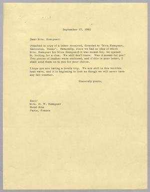 [Letter to Jeane B. Kempner, September 17, 1962]