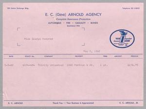 [Invoice for Insurance by E. C. (Gene) Arnold Agency, May 1962]