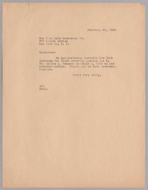 [Letter from A. H. Blackshear, Jr. to New York Life Insurance Co., February 28, 1944]