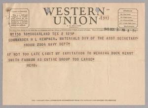 [Telegram from Isaac Herbert Kempner Jr. to Harris Leon Kempner, October 2, 1945]