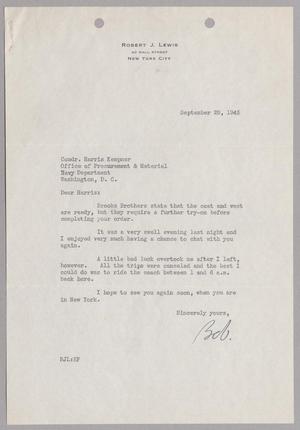 [Letter from Robert J. Lewis to Comdr. Harris Kempner, September 28, 1945]
