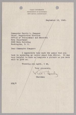 [Letter from Yale University Department of Economics to Commander Harris L. Kempner, September 10, 1945]
