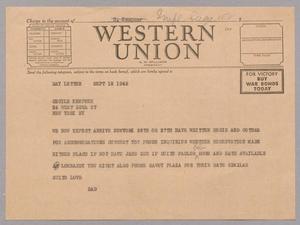 [Telegram from Isaac Herbert Kempner to Cecile Kempner, September 18, 1945]