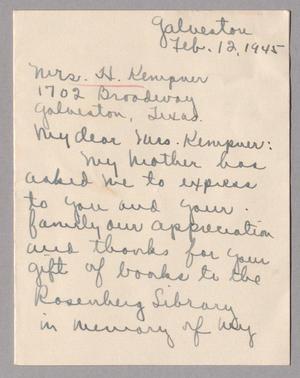 [Letter from Helen Williams to Mrs. H. Kempner, February 12, 1945]