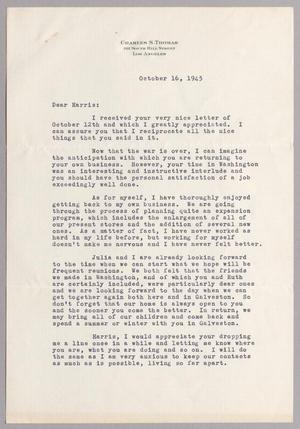 [Letter from Charles S. Thomas to Harris L. Kempner, October 16, 1945]