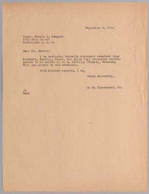 [Letter from A. H. Blackshear, Jr. to Comdr. Harris L. Kempner, September 4, 1945]