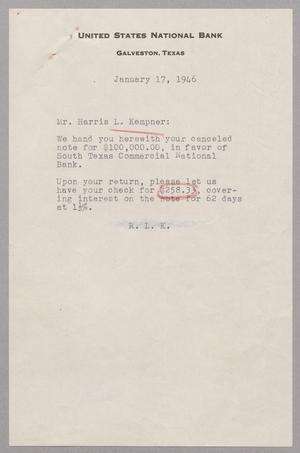 [Letter from United States National Bank to Mr. Harris L. Kempner, January 17, 1946]