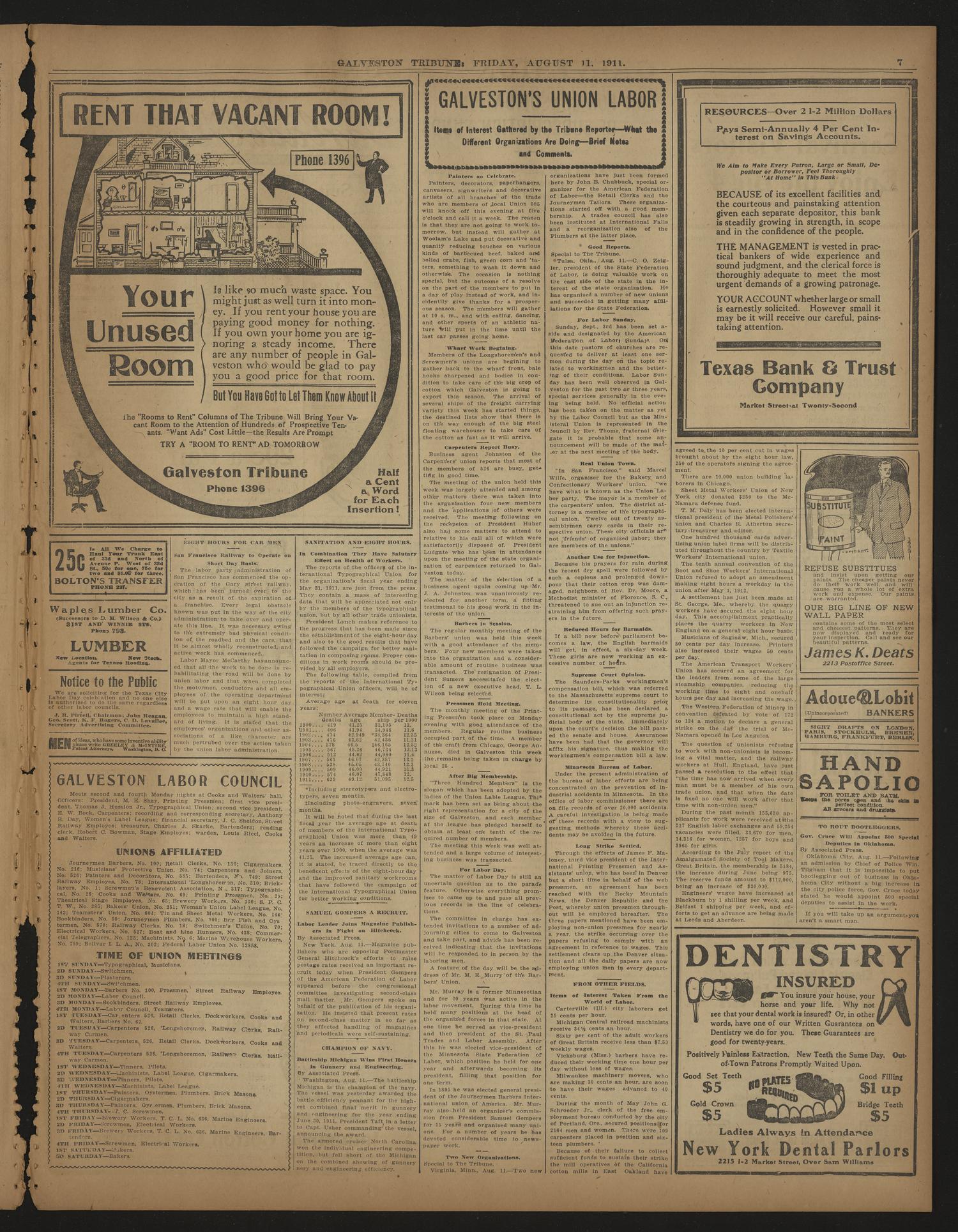 Galveston Tribune. (Galveston, Tex.), Vol. 31, No. 222, Ed. 1 Friday, August 11, 1911
                                                
                                                    [Sequence #]: 7 of 16
                                                