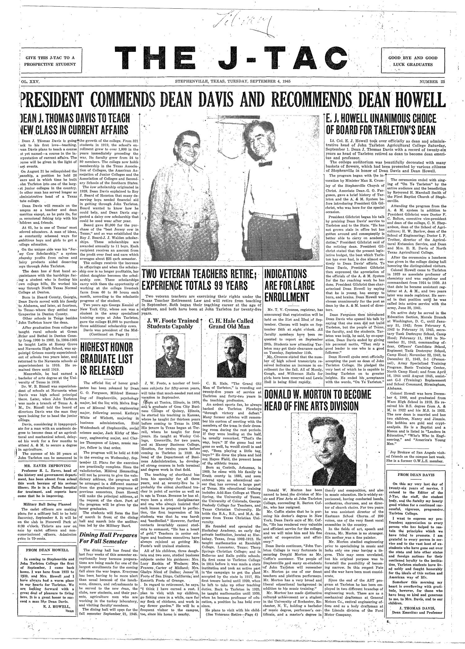 The J-TAC (Stephenville, Tex.), Vol. 25, No. 23, Ed. 1 Tuesday, September 4, 1945
                                                
                                                    [Sequence #]: 1 of 4
                                                