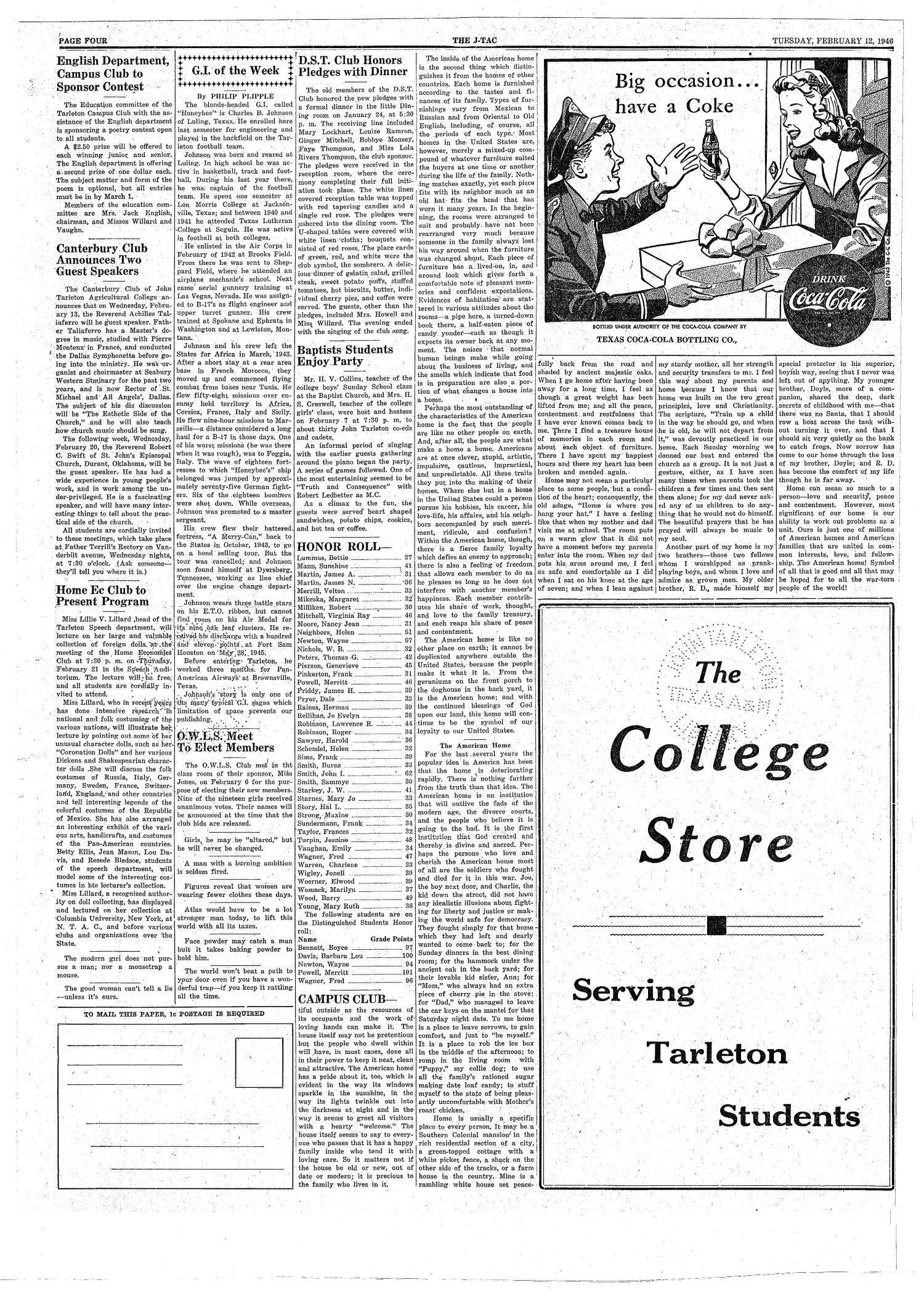 The J-TAC (Stephenville, Tex.), Vol. 26, No. 8, Ed. 1 Tuesday, February 12, 1946
                                                
                                                    [Sequence #]: 4 of 4
                                                
