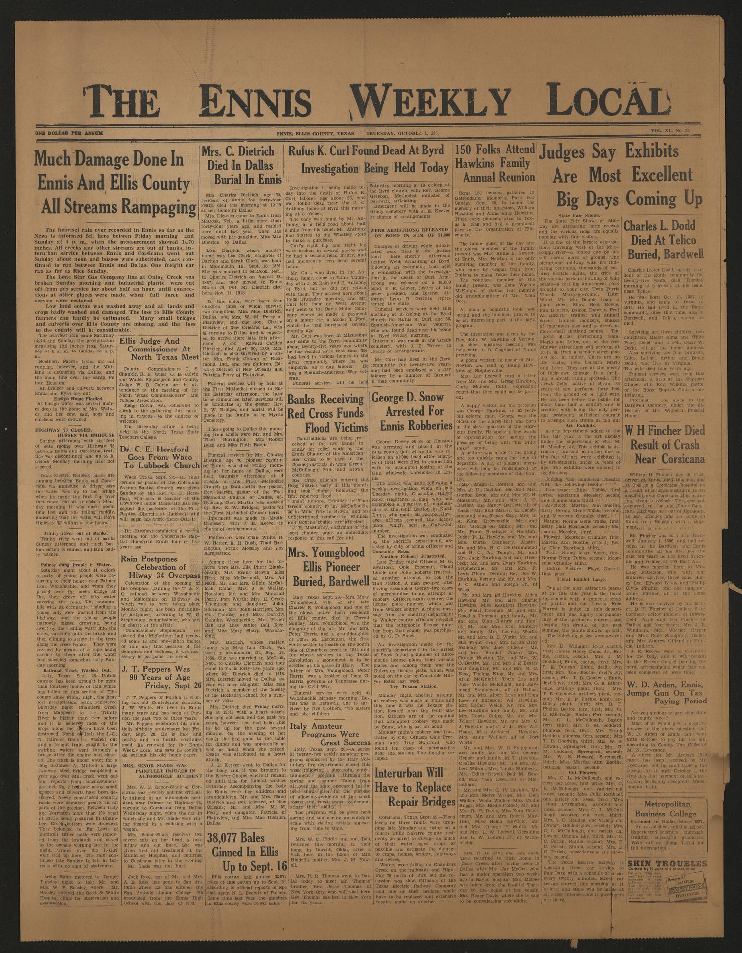 The Ennis Weekly Local (Ennis, Tex.), Vol. 40, No. 25, Ed. 1 Thursday, October 1, 1936
                                                
                                                    [Sequence #]: 1 of 4
                                                