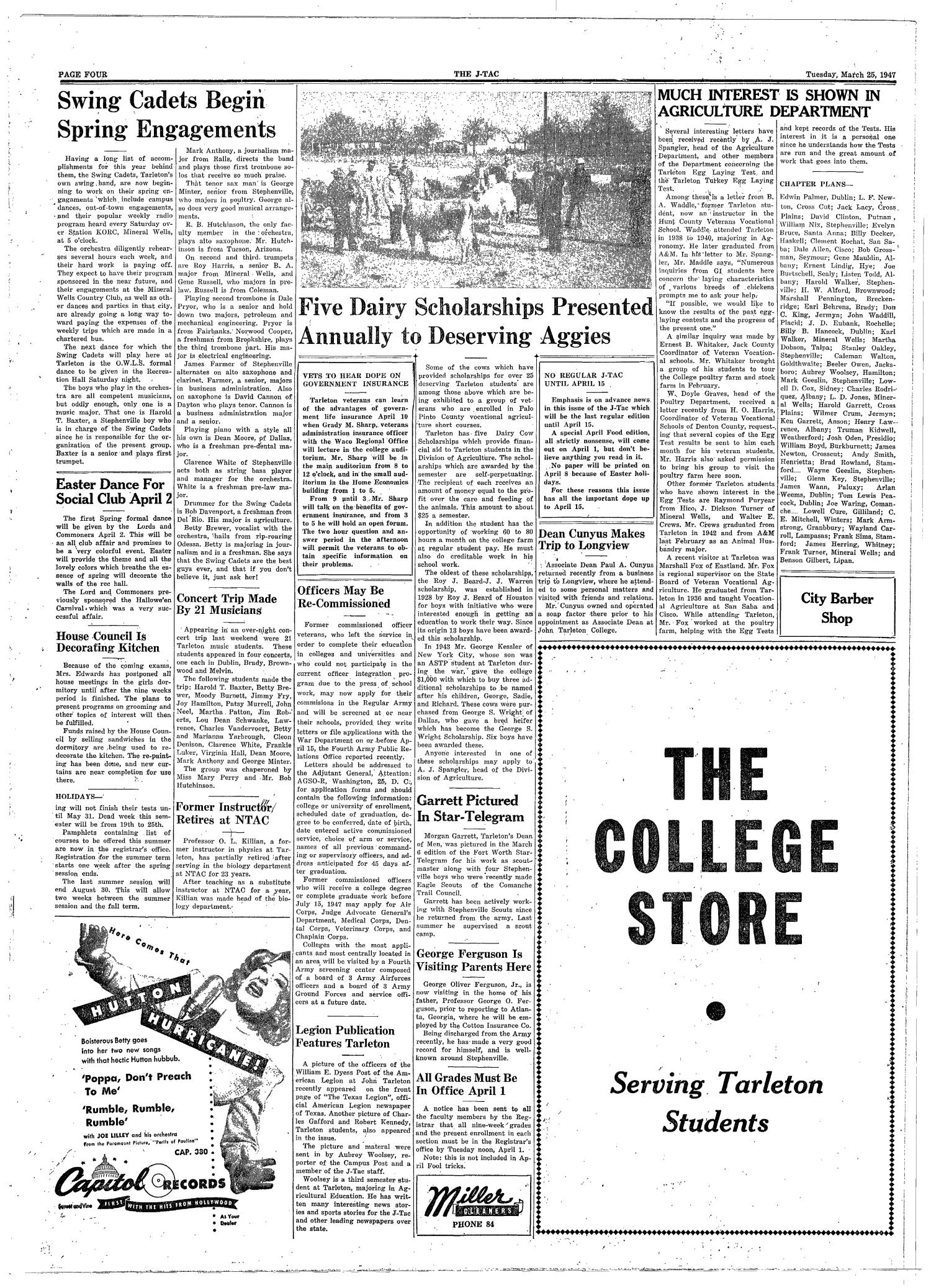 The J-TAC (Stephenville, Tex.), Vol. 27, No. 26, Ed. 1 Tuesday, March 25, 1947
                                                
                                                    [Sequence #]: 4 of 4
                                                