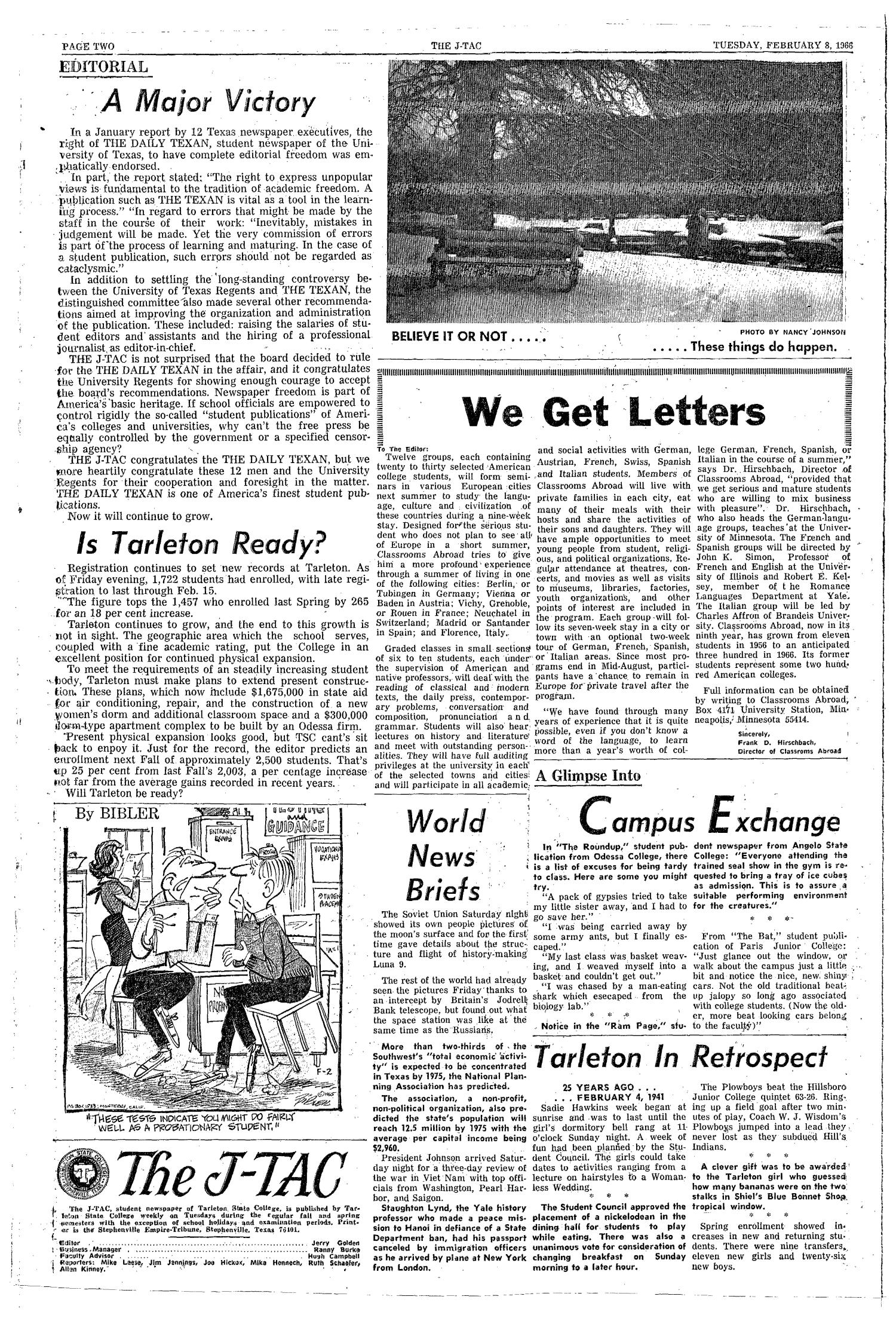 The J-TAC (Stephenville, Tex.), Vol. 45, No. 13, Ed. 1 Tuesday, February 8, 1966
                                                
                                                    [Sequence #]: 2 of 8
                                                