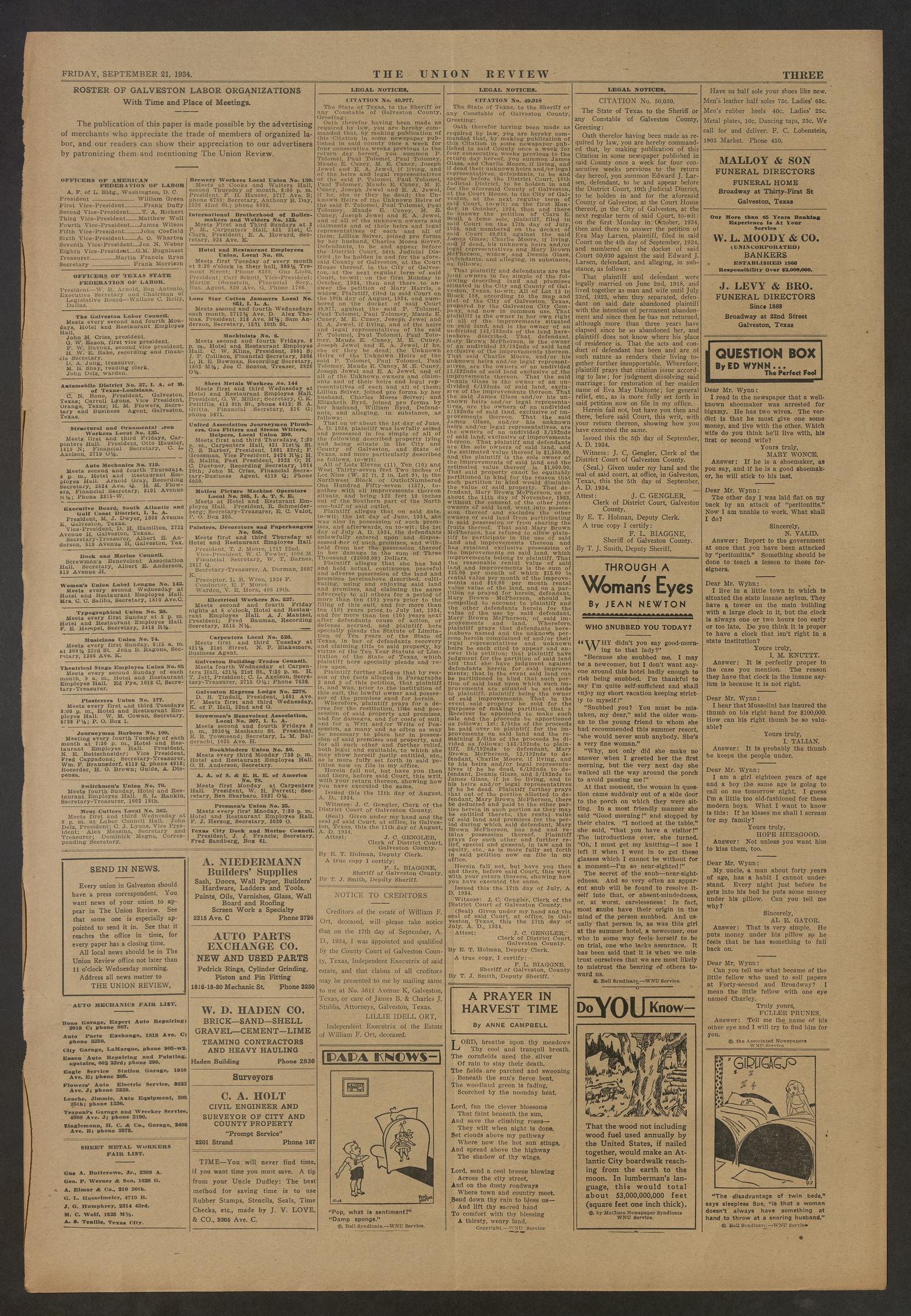 The Union Review (Galveston, Tex.), Vol. 15, No. 20, Ed. 1 Friday, September 21, 1934
                                                
                                                    [Sequence #]: 3 of 4
                                                