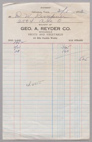 [Account Statement for Geo. A. Reyder Co., March 1, 1952]