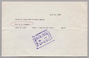 Primary view of object titled '[Invoice for 21 Inch Wide Rollers, June 14, 1952]'.