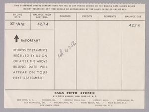 [Account Statement for Saks Fifth Avenue, October 14, 1952]