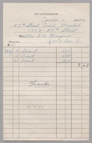 [Account Statement for 37th Street Fish Market, May 1952]