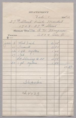 [Invoice for Redfish, Trout , Shrimp and Oysters, February 1, 1952]