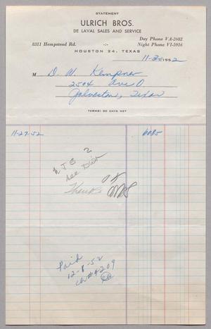 [Account Statement for Ulrich Bros. Inc., November 30, 1952]
