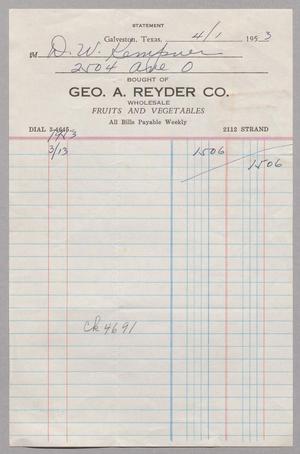 [Invoice for Balance Due to Geo. A. Reyder Co., April 1953]