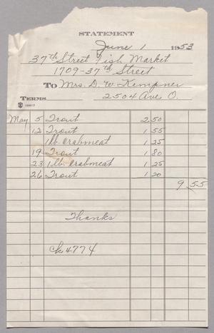 [Account Statement for 37th Street Fish Market, May 1953]