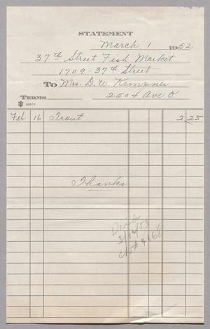 Primary view of object titled '[Account Statement for 37th Street Fish Market, March 1952]'.