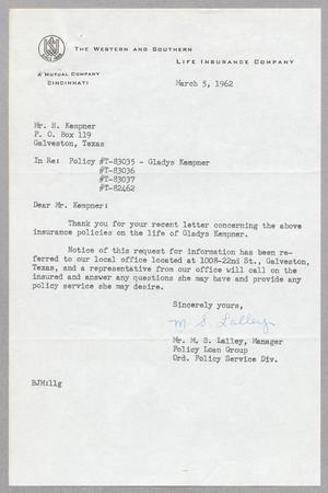 [Letter from M. S. Lalley to H. Kempner, March 5, 1962]