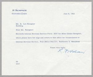 [Letter from R. I. Mehan to Mr. R. Lee Kempner, June 8, 1962]