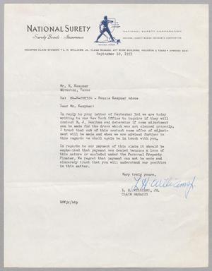 [Letter from L. H. Williams, Jr. to H. Kempner, September 10, 1953]