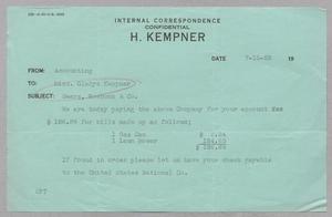 [Message from H. Kempner Accounting to Miss Gladys Kempner, July 15, 1953]