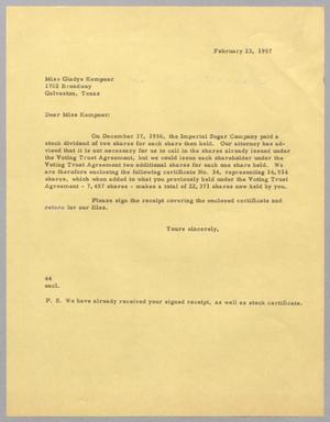 [Letter from A. H. Blackshear, Jr. to Gladys Kempner, February 23, 1957]